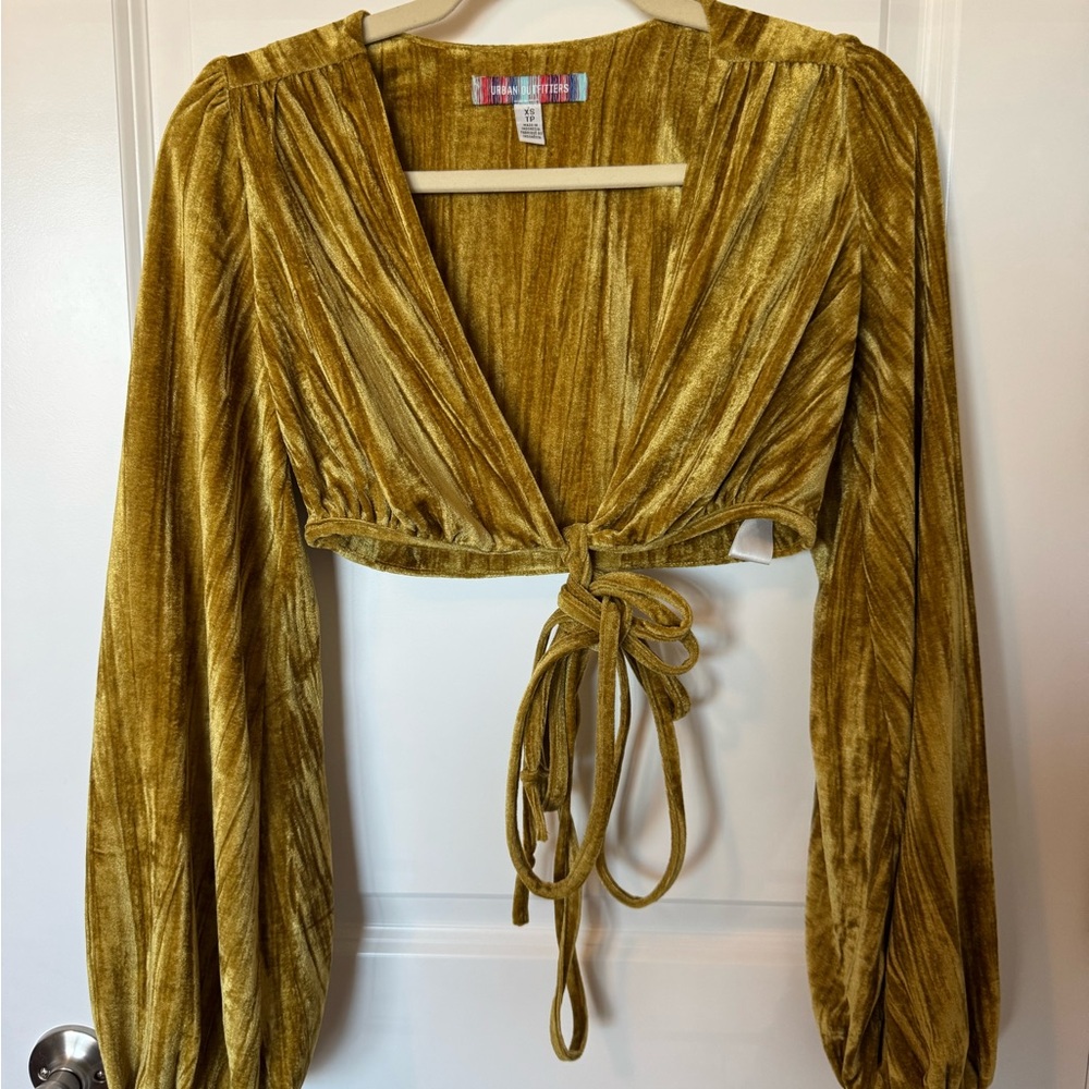 Urban Outfitters Gold Velvet Tie Front Crop Top XS Boho Festival Party
